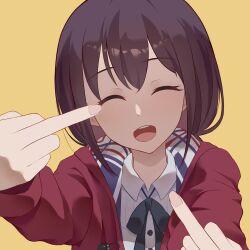 Rule 34 | 1girl, ^ ^, black ribbon, brown hair, closed eyes, coat, commentary, double middle finger, girls band cry, highres, iseri nina, lanyueqi, long sleeves, middle finger, neck ribbon, open clothes, open coat, open mouth, red coat, ribbon, shirt, short hair, solo, teeth, upper body, upper teeth only, white shirt, yellow background