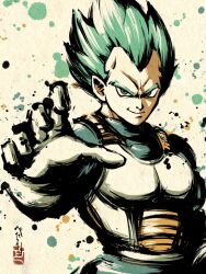 1boy armor blue_bodysuit blue_eyes blue_hair bodysuit cowboy_shot dragon_ball dragon_ball_super gloves highres ink_wash_painting male_focus medium_hair pe51illust saiyan_armor solo spiked_hair super_saiyan super_saiyan_blue vegeta white_armor white_gloves