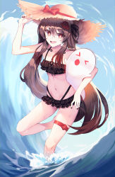 Rule 34 | &gt; &lt;, &gt;o&lt;, 1girl, absurdres, arm up, bikini, bikini skirt, black bikini, black nails, black ribbon, boo tao (genshin impact), bow, breasts, brown hair, collarbone, flower, flower-shaped pupils, frilled bikini, frills, genshin impact, ghost, hair flower, hair ornament, hair ribbon, hand on headwear, hat, hat bow, highleg, highleg bikini, highres, hu tao (genshin impact), lala 2080, leg up, long hair, nail polish, navel, open mouth, plum blossoms, red bow, red eyes, red flower, ribbon, sidelocks, small breasts, smile, solo, splashing, standing, standing on one leg, stomach, straw hat, swimsuit, symbol-shaped pupils, thigh strap, thighs, twintails, wading, water, wet