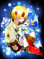 Rule 34 | 1boy, 1girl, blue hair, bug, butterfly, cape, claude kenni, crescent, crescent hair ornament, detached cape, flower, gloves, hair ornament, highres, insect, open mouth, pointy ears, ponyo soa, red cape, rena lanford, short hair, skirt, smile, star (sky), star ocean, star ocean the second story