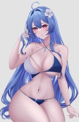 Rule 34 | 1girl, absurdres, azur lane, bare arms, bare shoulders, bikini, blue hair, breasts, commentary request, flower, grey background, groin, hair flower, hair intakes, hair ornament, hand up, helena (azur lane), helena (shimmering triangle wave) (azur lane), highres, large breasts, long hair, nanako94418108, navel, purple eyes, simple background, sitting, solo, stomach, swimsuit, thighs, very long hair, white flower