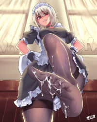 Rule 34 | 1girl, apron, black dress, black pantyhose, breasts, choker, clenched teeth, convenient leg, disgust, dress, feet, female focus, jjune, large breasts, maid, maid apron, maid headdress, original, outstretched foot, pantyhose, puffy short sleeves, puffy sleeves, red eyes, short hair, short sleeves, silver hair, solo, suggestive fluid, teeth, thighband pantyhose, toes