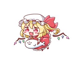 Rule 34 | 1girl, :3, :d, ajitsuki, ascot, blonde hair, blush stickers, bow, chibi, commentary request, crystal, detached wings, fang, flandre scarlet, full body, hair between eyes, hat, hat bow, mob cap, one side up, open mouth, red bow, red eyes, red skirt, red vest, skirt, smile, solo, touhou, vest, white hat, wings, wrist cuffs, yellow ascot