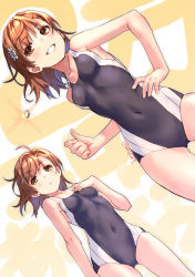 Rule 34 | 2girls, :o, ahoge, bare arms, bare shoulders, black one-piece swimsuit, breasts, brown eyes, brown hair, coin, competition swimsuit, covered navel, dutch angle, flower, grin, hair flower, hair ornament, hairclip, hand on own chest, hand on own hip, hand up, matching hair/eyes, misaka imouto, misaka mikoto, multiple girls, one-piece swimsuit, parted lips, raika9, school swimsuit, siblings, sisters, small breasts, smile, swimsuit, toaru kagaku no railgun, toaru majutsu no index, tokiwadai school swimsuit, twitter username, white flower