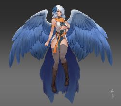 Rule 34 | 1girl, absurdres, angel, bare shoulders, belt, bird wings, blue hair, blue wings, boots, breasts, brown footwear, clenched hand, closed mouth, dress, feathered wings, female focus, flower, full body, gradient background, green eyes, grey background, grey thighhighs, hair flower, hair ornament, hand on own hip, highres, knees together feet apart, large breasts, less, long hair, looking at viewer, orange scarf, original, pelvic curtain, scarf, signature, skindentation, smile, solo, thighhighs, underboob, white dress, wings