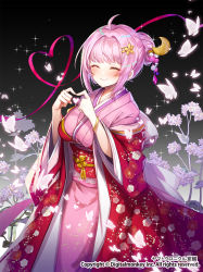 Rule 34 | 1girl, ahoge, apple caramel, black background, blush, bug, butterfly, closed eyes, company name, crescent, crescent hair ornament, flower, gradient background, hair bun, hair ornament, heart, heart hands, highres, insect, japanese clothes, kimono, obi, official art, original, pink hair, pink kimono, pink ribbon, red robe, ribbon, robe, sash, single hair bun, smile, watermark, white butterfly