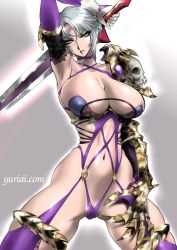 Rule 34 | 1girl, armpits, breasts, cleavage, green eyes, highres, holding, holding sword, holding weapon, huge breasts, isabella valentine, navel, revealing clothes, short hair, skindentation, solo, soul calibur, soulcalibur, soulcalibur vi, sword, thighs, weapon, white hair, yuri ai