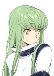 Rule 34 | 1girl, ?, c.c., closed mouth, code geass, creayus, eyes visible through hair, green hair, grey background, hair between eyes, long hair, looking to the side, simple background, solo, straight hair, upper body, yellow eyes