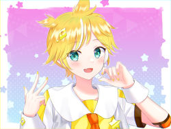 Rule 34 | 1boy, :d, blonde hair, blue eyes, blush, collared shirt, elbow pads, fang, gradient background, hair ornament, headset, highres, kagamine len, looking at viewer, male focus, multicolored hair, nail polish, necktie, open mouth, ponytail, rooibos, sailor collar, shirt, short sleeves, skin fang, smile, solo, star (symbol), star ornament, streaked hair, vocaloid, w, white hair, wrist cuffs