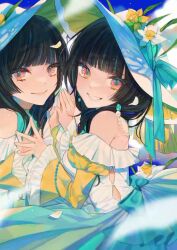 2girls 43_pon bad_id bad_twitter_id bare_shoulders black_hair blue_ribbon blue_sky blunt_bangs clone closed_mouth cloud cowboy_shot day dress flower hands_up hat hat_flower long_hair long_sleeves looking_at_viewer multiple_girls off-shoulder_dress off_shoulder open_mouth orange_eyes original outdoors ribbon sky smile standing sun_hat white_dress white_flower white_hat wide_sleeves