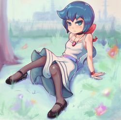 Rule 34 | 1girl, absurdres, bare shoulders, black legwear, blue eyes, blue hair, blush, bow, choker, closed mouth, constanze amalie von braunschbank-albrechtsberger, dress, full body, grass, hair bow, highres, jewelry, little witch academia, long hair, looking at viewer, mary janes, matching hair/eyes, necklace, outdoors, serious, shoes, sitting, solo, toasty scones, white dress