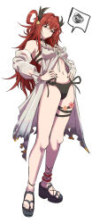 Rule 34 | absurdres, anklet, arknights, babydoll, bare legs, bare shoulders, bikini, black bikini, black nails, black ribbon, blush, breasts, closed mouth, detached sleeves, full body, hair intakes, hair ornament, hands on own hips, highres, horns, jewelry, legs, long hair, long sleeves, medium breasts, nail polish, navel, official alternate costume, purple eyes, red hair, ribbon, samacho, sandals, side-tie bikini bottom, simple background, speech bubble, spoken squiggle, squiggle, standing, star (symbol), star hair ornament, surtr (arknights), surtr (colorful wonderland) (arknights), swimsuit, thigh strap, toenail polish, toenails, toes, v-shaped eyebrows, very long hair, white background