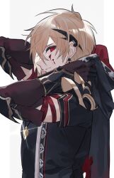 Rule 34 | 1boy, absurdres, arms up, black cape, black shirt, blonde hair, blood, blood on face, border, cape, character request, commentary request, earrings, elbow gloves, empty eyes, from side, gloves, granblue fantasy, grey background, highres, hood, hooded cape, jewelry, lens flare, looking at viewer, male focus, necklace, profile, purple gloves, red eyes, shirt, short hair, simple background, slit pupils, solo, yakota (usuk-yako)