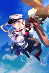 Rule 34 | 10s, 1girl, bird, black gloves, black pantyhose, blonde hair, breasts, capelet, commentary request, cross, eagle, flight deck, from above, gloves, graf zeppelin (kancolle), grey eyes, hair between eyes, hat, highres, impossible clothes, iron cross, jacket, kantai collection, large breasts, long sleeves, machinery, military, military hat, military uniform, miniskirt, miwano rag, necktie, ocean, outstretched arm, pantyhose, peaked cap, red ribbon, reflection, ribbon, rigging, shaded face, sidelocks, skirt, solo, twintails, uniform, white hat
