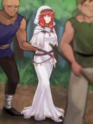 Rule 34 | 1girl, 2boys, absurdres, arms behind back, bad id, bad pixiv id, belly chain, blurry, breasts, commission, covered navel, depth of field, dress, fire emblem, fire emblem: mystery of the emblem, fire emblem: shadow dragon and the blade of light, forest, habit, hazuki (nyorosuke), highres, jewelry, lena (fire emblem), long dress, looking away, medium breasts, multiple boys, nature, necklace, nintendo, nun, outdoors, red eyes, red hair, restrained, robe, skeb commission, solo focus, veil, walking, white dress
