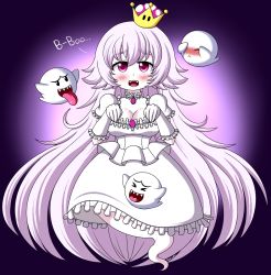 Rule 34 | 1girl, black eyes, blush, boo (mario), breasts, choker, cleavage, closed eyes, colored skin, covering own eyes, crown, dress, fangs, floating, ghost, gloves, highres, large breasts, long hair, looking at viewer, luigi&#039;s mansion, mario (series), new super mario bros. u deluxe, nintendo, open mouth, pink eyes, pokumii, princess, princess king boo, puffy sleeves, purple background, short sleeves, shy, smile, super crown, super mario bros. 1, tongue, tongue out, white dress, white gloves, white hair, white skin