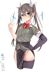 Rule 34 | asymmetrical legwear, black gloves, black thighhighs, bow, bowtie, cropped legs, elbow gloves, gloves, green shirt, hair ribbon, hand on own hip, highres, index finger raised, kantai collection, military uniform, one-hour drawing challenge, pelvic curtain, red bow, red bowtie, ribbon, shirt, simple background, single elbow glove, single glove, single thighhigh, tf cafe, thighhighs, tone (kancolle), tone kai ni (kancolle), twintails, twitter username, uneven legwear, uniform, white background, white ribbon
