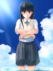 Rule 34 | 1girl, amagami, black eyes, black hair, blue ribbon, collared shirt, day, grey skirt, highres, kibito high school uniform, long hair, looking at viewer, neck ribbon, parted lips, partially submerged, pleated skirt, ribbon, school uniform, shirt, skirt, sky, solo, standing, straight hair, sweater vest, takenoko saba otto, undressing, water, wet, wet clothes, white shirt, yellow sweater vest