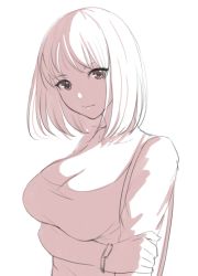 Rule 34 | 1girl, arm under breasts, bob cut, bracelet, breasts, cleavage, collarbone, commentary request, jewelry, kurone rinka, large breasts, looking at viewer, monochrome, original, scoop neck, simple background, sketch, solo, upper body, white background