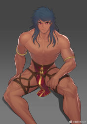 Rule 34 | 1boy, abs, bara, bare shoulders, blue hair, bulge, commentary request, dark blue hair, dark skin, detached sleeves, earrings, fate/grand order, fate (series), gradient background, greco-roman clothes, highres, hunterkay, jewelry, large pectorals, leather, long hair, looking at viewer, male focus, muscular, muscular male, nipple piercing, pants, pectorals, pelvic curtain, piercing, red eyes, revealing clothes, roman clothes, romulus quirinus (fate), solo, tight clothes, tight pants, topless male