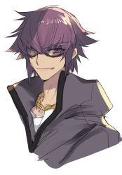 Rule 34 | 10s, 1boy, chain, flipped hair, gold chain, jewelry, looking at viewer, male focus, mirokuji yuuya, nikame, popped collar, purple hair, re:creators, short hair, simple background, sketch, smile, solo, sunglasses, upper body, white background