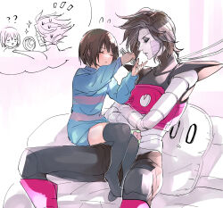 Rule 34 | 1boy, 1other, ?, ??, android, black eyeshadow, black hair, black thighhighs, blue shirt, blue shorts, bob cut, brown hair, closed eyes, colored skin, comb, crossed arms, eyebrow piercing, eyeshadow, feet out of frame, frisk (undertale), full body, highres, holding, holding comb, long sleeves, makeup, mettaton, mettaton ex, napstablook, no shoes, piercing, pillow, red footwear, robot, shirt, shoji sakura, short hair, shorts, sitting, sitting on lap, sitting on person, striped clothes, striped shirt, thighhighs, undertale, white skin