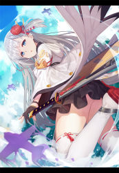 Rule 34 | 1girl, afloat, aircraft, airplane, ass, azur lane, black gloves, blue eyes, blue sky, cloud, cloudy sky, commentary request, day, eyeliner, fingerless gloves, flight deck, from below, gloves, hair ornament, japanese clothes, katana, kibanda gohan, letterboxed, long hair, looking at viewer, machinery, makeup, mole, mole under eye, ocean, parted lips, pleated skirt, shoukaku (azur lane), silver hair, skirt, sky, solo, sword, thighhighs, weapon, white thighhighs, zettai ryouiki