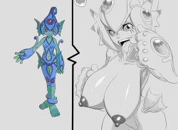 Rule 34 | 1girl, anythinggoes, breasts, breasts out, digimon, digimon (creature), fins, frog girl, helmet, highleg, highleg swimsuit, highres, huge breasts, medium breasts, monster girl, one-piece swimsuit, ranamon, swimsuit, wide hips
