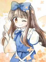 Rule 34 | 1girl, ;), black hair, blue bow, blue dress, blue eyes, bow, closed mouth, dress, fairy wings, hair bow, highres, index finger raised, long hair, long sleeves, one-hour drawing challenge, one eye closed, sakuranahotate, smile, solo, star sapphire, touhou, upper body, wings