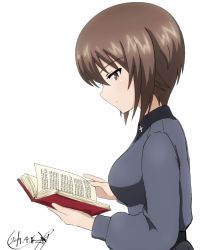 Rule 34 | 1girl, artist name, black skirt, book, brown eyes, brown hair, bukkuri, closed mouth, commentary, dated, dress shirt, from side, girls und panzer, grey shirt, holding, holding book, insignia, kuromorimine school uniform, light frown, long sleeves, nishizumi maho, pleated skirt, reading, school uniform, shirt, short hair, signature, simple background, skirt, solo, upper body, white background