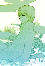 Rule 34 | 00s, 1boy, arm support, closed mouth, darker than black, expressionless, from side, green theme, hair between eyes, hei (darker than black), leaning back, long sleeves, male focus, monochrome, plant, profile, shirt, sitting, solo, water