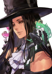 Rule 34 | 1boy, 2girls, androgynous, arc system works, ascot, bare shoulders, black hair, brown eyes, demon girl, demon horns, goth fashion, green hair, guilty gear, guilty gear strive, hat, holding, horns, hungry clicker, long hair, multiple girls, pink hair, portrait, red eyes, shaded face, simple background, straight hair, succubus familiar, testament (guilty gear), top hat, trap, upper body, white background