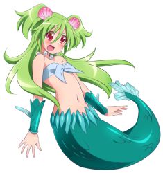 Rule 34 | 0417nao, 1girl, bad id, bad pixiv id, bandeau, blush, clam, collarbone, front-tie top, green hair, hair between eyes, hair ornament, jewelry, long hair, mermaid, monster girl, muromi-san, namiuchigiwa no muromi-san, navel, necklace, open mouth, pearl necklace, red eyes, scales, seashell, shell, simple background, solo, twintails, two side up, white background