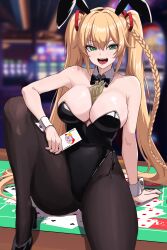 Rule 34 | .live, 1girl, absurdres, animal ears, black footwear, black leotard, blonde hair, breasts, brown pantyhose, card, character request, cleavage, collarbone, fake animal ears, fang, green eyes, high heels, highres, holding, holding card, kongou iroha, large breasts, leotard, looking at viewer, momotari (momotari999), money between breasts, open mouth, pantyhose, playing card, rabbit ears, sitting, smile, solo, teeth, twintails, upper teeth only, virtual youtuber, wrist cuffs