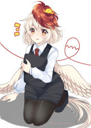 Rule 34 | 1girl, animal, animal on head, arm support, bird, bird on head, bird tail, bird wings, black footwear, black pantyhose, black skirt, black vest, blonde hair, blush, chick, collared shirt, commentary request, feathered wings, highres, long sleeves, multicolored hair, necktie, niwatari kutaka, on head, open mouth, ougi hina, pantyhose, pencil skirt, red eyes, red hair, red necktie, seiza, shirt, short hair, sitting, skirt, solo, tail, touhou, two-tone hair, vest, white shirt, wings, yellow wings