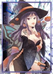 Rule 34 | 00s, 10s, 1girl, black dress, black hat, breasts, cleavage, copyright name, detached sleeves, dress, finger to mouth, frederica lipps, garter straps, hat, index finger raised, long hair, lowres, medium breasts, naruse chisato, official art, purple eyes, purple hair, senjou no valkyria, senjou no valkyria (series), senjou no valkyria 3, solo, strapless, strapless dress, striped clothes, striped thighhighs, thighhighs, witch hat