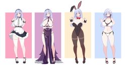 Rule 34 | absurdres, animal ears, azur lane, bikini, black footwear, black leotard, black pantyhose, blue hair, blunt bangs, bow, bowtie, breasts, center frills, dido (anxious bisque doll) (azur lane), dido (azur lane), dress, fake animal ears, flower, frilled skirt, frills, hair flower, hair ornament, hand on own hip, hands up, highres, huge breasts, leotard, londom (lonhomewell), long hair, looking at viewer, maid, maid headdress, official alternate costume, one eye closed, open mouth, pantyhose, pink eyes, playboy bunny, purple dress, rabbit ears, red bow, red bowtie, side-tie bikini bottom, simple background, skirt, smile, swimsuit, thighhighs, white bikini, white flower, white thighhighs