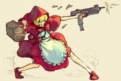 Rule 34 | 1girl, apron, blonde hair, bow, bowtie, bulleta, capcom, capelet, commentary request, dress, grimace, gun, hair over eyes, holding, holding gun, holding weapon, hood, hood up, hungry clicker, legs apart, picnic basket, pom pom (clothes), red bow, red bowtie, red capelet, red dress, red footwear, red hood, shell casing, shoes, simple background, solo, standing, submachine gun, vampire (game), weapon, white apron