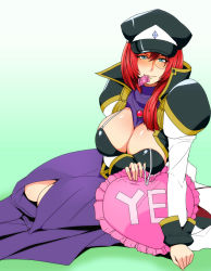 Rule 34 | 00s, 1girl, aqua eyes, asymmetrical hair, blush, breasts, cleavage, coat, condom, condom in mouth, dress, forte stollen, galaxy angel, gradient background, greco roman (spiral brain), hat, high collar, highres, large breasts, long hair, looking at viewer, military hat, monocle, mouth hold, pillow, puffy sleeves, purple dress, red hair, sitting, smile, solo, turtleneck, yes, yes-no pillow