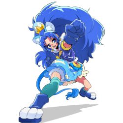 Rule 34 | 10s, 1girl, animal ears, asymmetrical legwear, asymmetrical socks, blue eyes, blue gloves, blue hair, blue jacket, blue theme, choker, clenched hands, commentary request, crown, cure gelato, earrings, extra ears, full body, fur trim, gloves, highres, jacket, jewelry, kirakira precure a la mode, leather, leather jacket, lion ears, lion tail, long hair, looking at viewer, magical girl, nukosann, open mouth, precure, punching, short sleeves, simple background, skirt, smile, solo, tail, tategami aoi, teeth, uneven legwear, white background