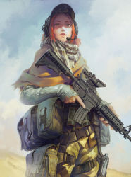 Rule 34 | assault rifle, baseball cap, blue sky, closed mouth, commentary request, cowboy shot, day, facing viewer, green eyes, gun, handgun, hat, headset, highres, holding, holding gun, holding weapon, holster, lips, m4 carbine, military, moyamoya, original, outdoors, red hair, rifle, scarf, short hair, sky, smoke grenade, standing, thigh holster, torn clothes, torn sleeves, trigger discipline, weapon
