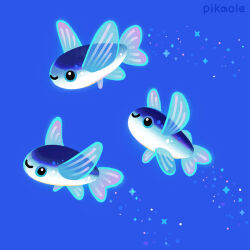 Rule 34 | animal, animal focus, artist name, black eyes, blue background, closed mouth, commentary, english commentary, fish, flying fish, no humans, original, pikaole, simple background, smile, watermark