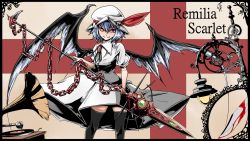 Rule 34 | &gt;:), 1girl, bat wings, black thighhighs, blood, blue hair, chain, character name, england, hat, highres, holding, knife, lamp, looking at viewer, mob cap, phonograph, polearm, potato pot, red eyes, remilia scarlet, short hair, smile, solo, spear, spear the gungnir, thighhighs, touhou, v-shaped eyebrows, weapon, wings