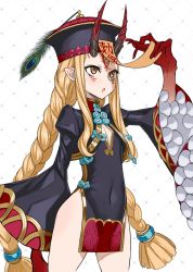 Rule 34 | 1girl, black dress, blonde hair, braid, china dress, chinese clothes, cosplay, dress, facial mark, fate/grand order, fate (series), flat chest, forehead, forehead mark, hat, highres, honjou raita, horns, ibaraki douji (fate), jiangshi, long sleeves, ofuda, oni, open mouth, pelvic curtain, pointy ears, qingdai guanmao, shuten douji (fate), shuten douji (fate) (cosplay), shuten douji (festival outfit) (fate), simple background, skin-covered horns, solo, thighs, twin braids, white background, wide sleeves, yellow eyes