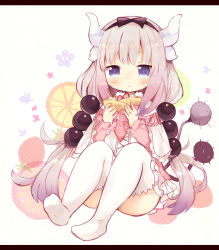 Rule 34 | 10s, 1girl, beads, black hairband, blue eyes, blunt bangs, capelet, coco (hinatacoco), crepe, dragon horns, food, frilled capelet, frills, full body, gradient hair, hair beads, hair ornament, hairband, holding, holding food, horns, kanna kamui, kobayashi-san chi no maidragon, letterboxed, light purple hair, long hair, looking at viewer, low twintails, multicolored hair, silver hair, sitting, solo, tail, thighhighs, thighs, twintails, very long hair, white thighhighs, zettai ryouiki