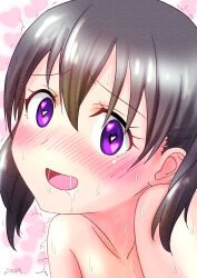 Rule 34 | 1girl, absurdres, bare shoulders, black hair, blush, check commentary, close-up, collarbone, commentary, commentary request, drooling, eyelashes, hair between eyes, heart, heart-shaped pupils, heart background, highres, implied after sex, kuraue hinata, looking at viewer, motion lines, open mouth, pink background, purple eyes, saliva, short hair, signature, smile, soda mizu, sweat, symbol-shaped pupils, topless, twintails, yama no susume