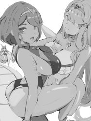 Rule 34 | 3girls, ass, breast press, breasts, cleavage, competition swimsuit, greyscale, highres, large breasts, looking at viewer, mirai hikari, monochrome, multiple girls, mythra (radiant beach) (xenoblade), mythra (xenoblade), nia (blade) (xenoblade), nia (xenoblade), one-piece swimsuit, pyra (pro swimmer) (xenoblade), pyra (xenoblade), sketch, smile, sunglasses, swimsuit, tagme, unfinished, xenoblade chronicles (series), xenoblade chronicles 2