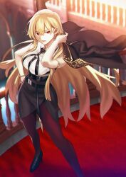 1girl alternate_costume aora black_footwear black_jacket black_skirt blonde_hair bracelet breasts commentary_request earrings fate/protoreplica fate/stay_night fate_(series) genderswap genderswap_(mtf) gilgamesh_(fate) gold_bracelet gold_trim hand_on_own_hip highres jacket jewelry large_breasts long_hair looking_at_viewer pantyhose red_eyes red_pantyhose shirt skirt sleeveless sleeveless_shirt smile solo unworn_jacket very_long_hair white_shirt