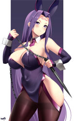 Rule 34 | 1girl, absurdres, animal ears, breasts, brown pantyhose, chain, covered navel, dagger, detached collar, detached sleeves, facial mark, fake animal ears, fate/grand order, fate/stay night, fate (series), forehead, forehead mark, highleg, highleg leotard, highres, hip vent, knife, kurozawa yui, large breasts, leotard, long hair, looking at viewer, medusa (fate), medusa (rider) (fate), nameless dagger (fate), pantyhose, parted bangs, playboy bunny, purple eyes, purple hair, purple leotard, rabbit ears, sidelocks, solo, thighband pantyhose, very long hair, weapon, wrist cuffs