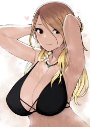 Rule 34 | 1girl, armpits, arms behind head, bikini, black bikini, black eyes, blonde hair, blush, breasts, closed mouth, dot nose, eyes visible through hair, flower, gradient hair, halterneck, hands up, heart, highres, idolmaster, idolmaster shiny colors, izumi mei, jewelry, large breasts, long hair, looking at viewer, multicolored hair, necklace, smile, solo, steaming body, sunaba suzume, sweat, swimsuit, upper body, wet, white flower